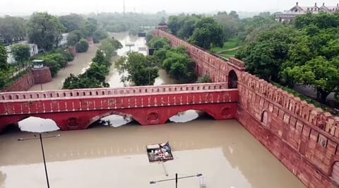Waterlogged Red Fort after heavy rainfall and rising Yamuna river water level in New Delhi on Friday.  