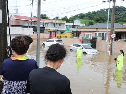 A flooded village in Gongju, South Korea, after heavy rains on July 15, 2023. 