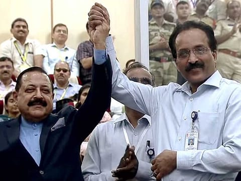 Union Minister of State (Ind. Charge) Science and Technology Jitendra Singh with Indian Space Research Organisation (ISRO) chairman S. Somanath during the launch of the Chandrayaan-3, the third lunar mission, from the Satish Dhawan Space Centre, in Sriharikota on Friday, July 14, 2023. 