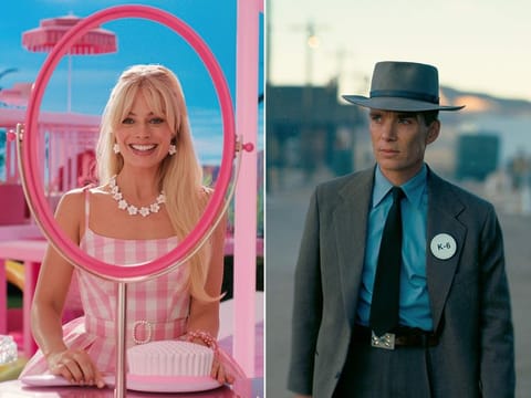 Margot Robbie in 'Barbie', and Cillian Murphy in a scene from 'Oppenheimer'. 