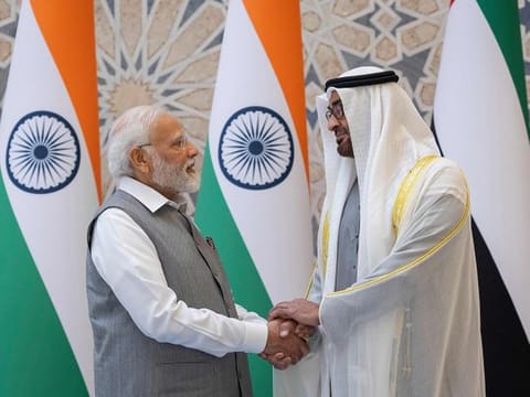President His Highness Sheikh Mohamed bin Zayed Al Nahyan, with Narendra Modi, Prime Minister of India, who was on an official visit to the UAE recently 