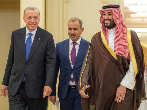Saudi Arabia's Crown Prince Mohammed bin Salman during his meeting with Turkish President Tayyip Erdogan in Jeddah, Saudi Arabia, July 17, 2023. 