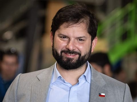 Chilean President Gabriel Boric smiles during his visit to the CERN in Meyrin near Geneva on July 19, 2023.