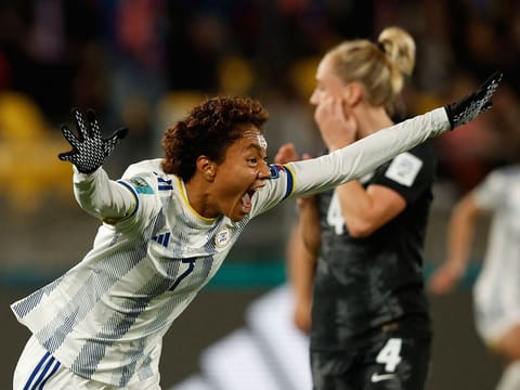 Sarina Bolden celebrates scoring their first goal during the New Zealand v Philippines match of the  FIFA Women's World Cup Australia and New Zealand 2023.