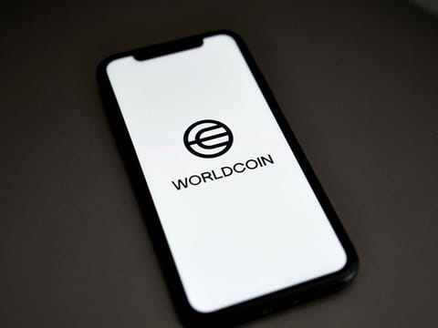 The Worldcoin logo on a smartphone arranged in Germantown, New York.