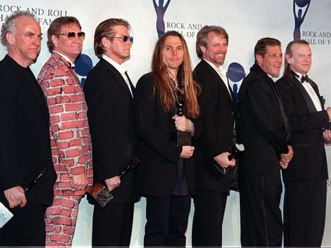 File photo:  The Eagles (from left:) Bernie Leadon, Joe Walsh, Don Henley, Timothy Schmit, Don Felder, and Randy Meisner appear together after receiving their awards and being inducted into the Rock & Roll Hall of Fame, on January 12, 1998 in New York. 