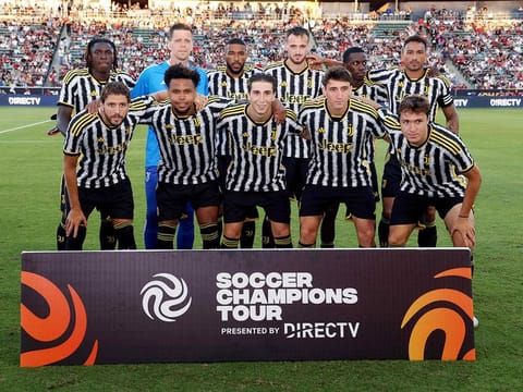 Juventus starters pose for a group picture before a Pre-Season Friendly match against AC Milan at Dignity Health Sports Park on July 27, 2023 in Carson, California.   