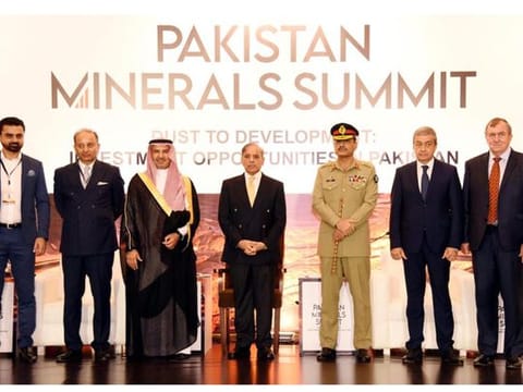 Pakistan Prime Minister Shehbaz Sharif (centre) along with Pakistan Army Chief General Syed Asim Munir, Saudi Vice Minister for Mining Affairs Engineer Khalid bin Saleh Al Mudaifer and other foreign dignitaries at Pakistan Mineral Summit held in Islamabad on August 1, 2023.  
