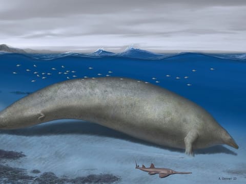 In this 2023 artist illustration by Alberto Gennari, Perucetus colossus is reconstructed in its coastal habitat, with an estimated body length: ~20 meters.