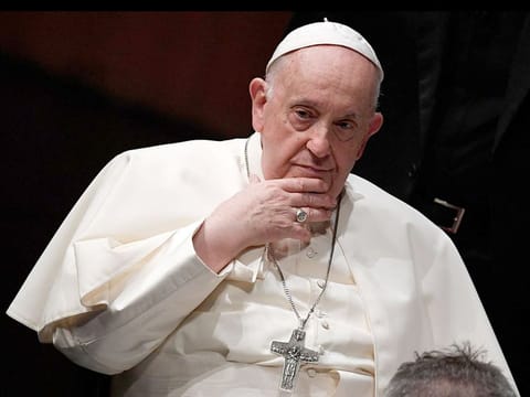 Pope Francis is pictured during his a meeting with authorities, civil society, and the diplomatic corps at the Belem district's cultural centre in Lisbon, during his five-day visit to attend the World Youth Day (WYD) gathering of young Catholics, on August 2, 2023.  