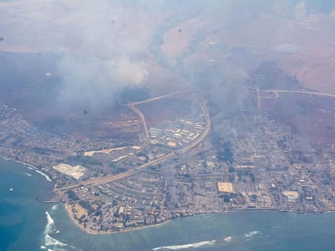 An aerial view shows smoke as wildfires ravage the island in Maui, Hawaii.
