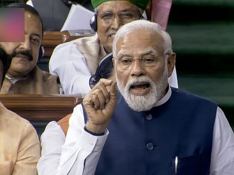 Prime Minister Narendra Modi speaks during a debate on the no-confidence motion in the Lok Sabha in the Monsoon Session of Parliament, in New Delhi on Thursday.  