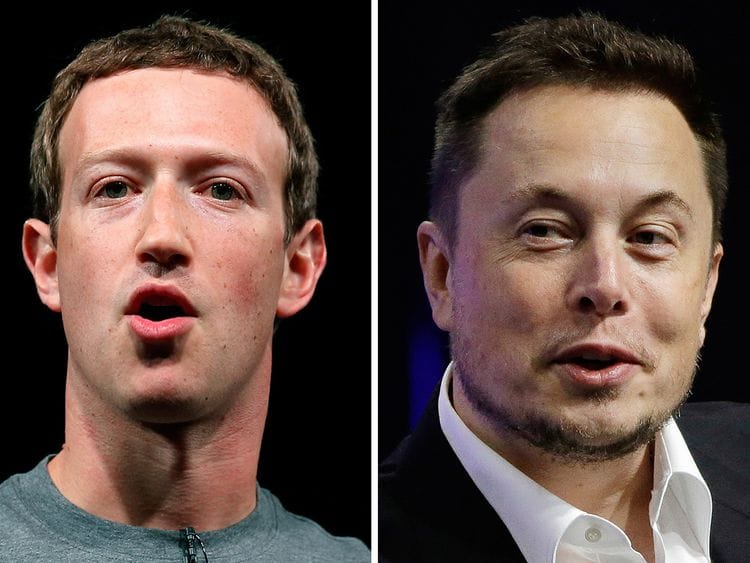 Facebook CEO Mark Zuckerberg, left, and Tesla and SpaceX CEO Elon Musk.  