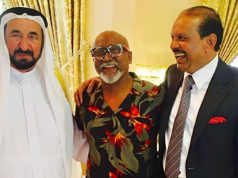 His Highness Dr Shaikh Sultan Bin Mohammad Al Qasimi, Member of the Supreme Council and Ruler of Sharjah, meets Bose Krishnamachari, celebrated painter and President, Kochi Biennale Foundation during a special meet and greet arranged at the Kochi residence of Yusuffali M A, Chairman and MD, LuLu Group