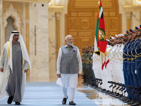 His Highness Shaikh Mohammad Bin Zayed Al Nahyan, President of the UAE, and Narendra Modi, Prime Minister of India, inspect a guard of honour in Abu Dhabi in July. India and the UAE share strong bilateral relations. Supporting India’s G20 presidency is a priority for the UAE, while India has invited the UAE as a Special Guest nation to the forthcoming G20 summit 