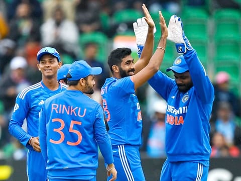 India's skipper Jasprit Bumrah celebrates a wicket during the 1st T20I match against Ireland, at The Village, in Dublin on Friday. 