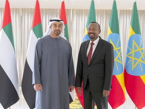 President His Highness Sheikh Mohamed bin Zayed Al Nahyan with Dr Abiy Ahmed, Prime Minister of Ethiopia, stand for a photograph at the Office of the Prime Minister, during an official visit to Addis Ababa. 