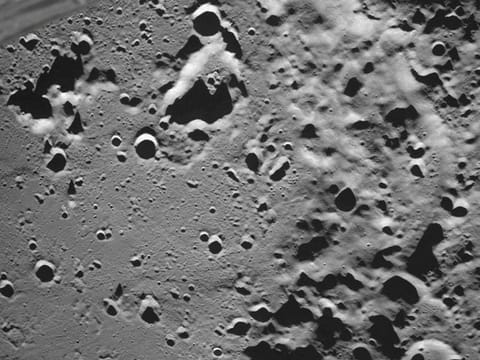 A picture taken from the camera of the lunar landing spacecraft Luna-25 shows the Zeeman crater located on the far side of the moon. 