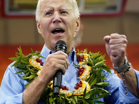 President Joe Biden speaks as he meets with community members impacted by the Maui wildfires at Lahaina Civic Center, Monday, Aug. 21, 2023, in Lahaina, Hawaii.