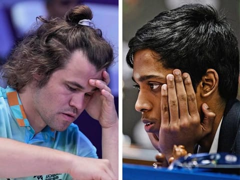 A combination photo showing Magnus Carlsen, left and Praggnanandhaa, right. 