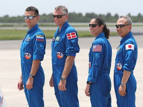 SpaceX Crew-7 mission astronauts (L-R) Roscosmos cosmonaut Konstantin Borisov, of Russia; European Space Agency (ESA) astronaut and mission pilot Andreas Mogensen, of Denmark; US astronaut for NASA and mission commander Jasmin Moghbeli; and Japan Aerospace Exploration Agency (JAXA) astronaut Satoshi Furukawa, of Japan