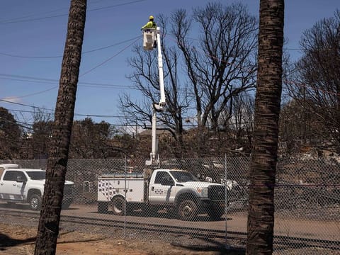 A Hawaiian Electric employee repairs power lines in the aftermath of the Maui Fires in Lahaina, West Maui, Hawaii.