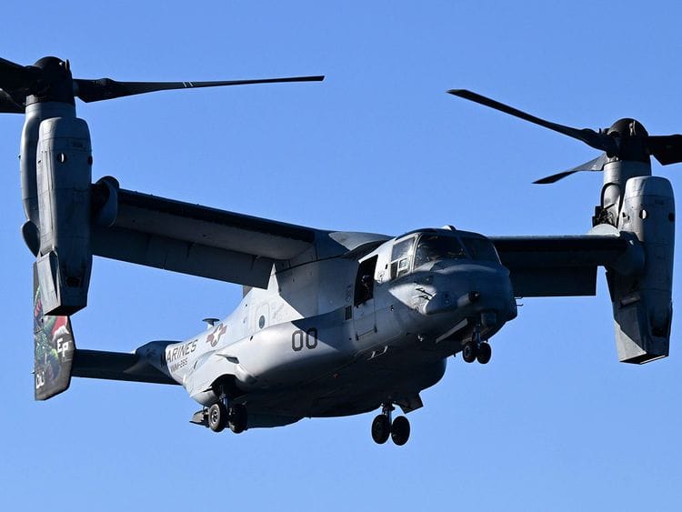 An MV-22B Osprey coming in to land on the USS America off the coast of Brisbane, Tuesday, June 20, 2023. The Australian Defense Department said a Bell Boeing V-22 Osprey tiltrotor aircraft crashed on Melville Island, Sunday, Aug. 27, 2023 during Exercise Predators Run, which involves the militaries of the United States, Australia, Indonesia, the Philippines and East Timor.  