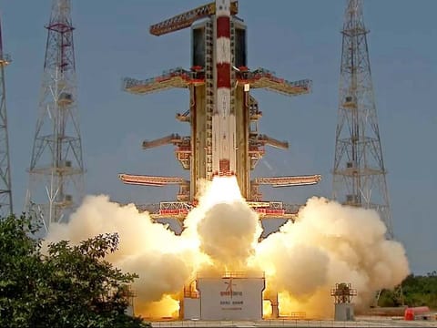 The screengrab from Indian Space Research Organisation (ISRO) Youtube channel shows the Aditya-L1 spacecraft lifts off on board a satellite launch vehicle from the space center in Sriharikota, India, on Saturday, September 2, 2023.   