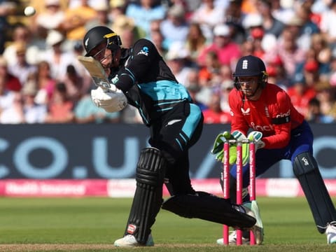 New Zealand's Finn Allen hits a six during the third T20 international match against England at Edgbaston, in Birmingham on Sunday.