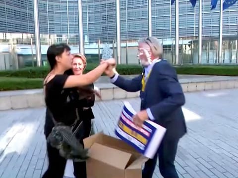 Ryanair CEO Michael O'Leary gets hit in the face by cream cakes during a press briefing outside the EU Commission, in Brussels, Belgium September 7, 2023, in this screengrab obtained from a handout video. 
