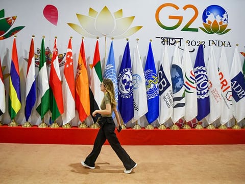 A woman passes by flags of participant countries during G20 Summit, at International Media Center of Pragati Maidan in New Delhi 