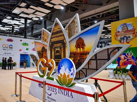 A replica of G20 and beautification work at International Media Center of Pragati Maidan in New Delhi 