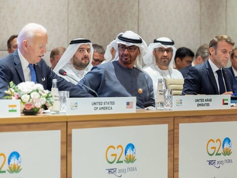 President His Highness Sheikh Mohamed Bin Zayed Al Nahyan attends India-Middle East-Europe Economic Corridor, on the sidelines of the G20 Summit, New Delhi at IECC Convention Centre, along with Joe Biden, President of the United  States, and French President Emmanuel Macron. 