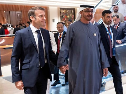 President His Highness Sheikh Mohamed bin Zayed Al Nahyan with France's President Emmanuel Macron during the G20 Leaders' Summit in New Delhi on September 9, 2023. 