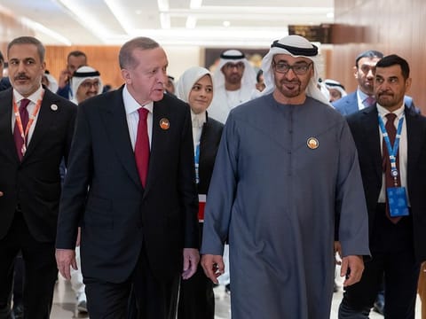 President His Highness Sheikh Mohamed bin Zayed Al Nahyan (front right) with Recep Tayyip Erdogan, President of the Republic of Turkey, at the G20 Summit in New Delhi on Saturday 