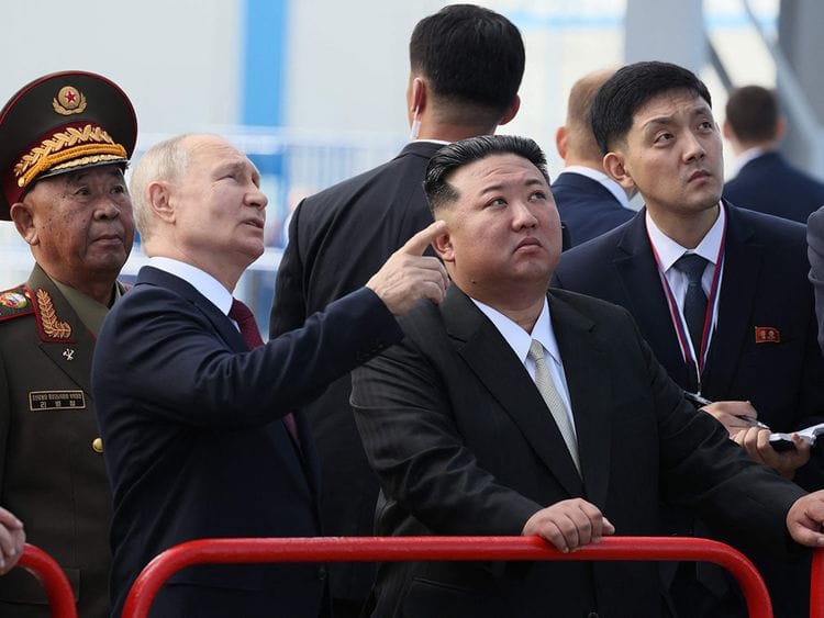  Russian President Vladimir Putin and North Korea’s leader Kim Jong Un examine a launch pad of Soyuz rockets during their meeting at the Vostochny cosmodrome outside the city of Tsiolkovsky, about 200 kilometers (125 miles) from the city of Blagoveshchensk in the far eastern Amur region, Russia, on September 13, 2023. 