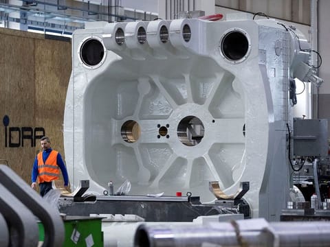 A part of a press machine is pictured at the IDRA group plant in Travagliato, Italy.