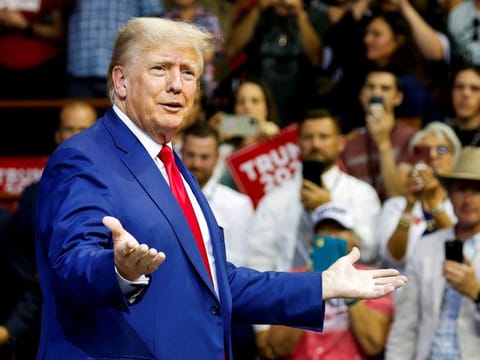 Former US president and Republican presidential candidate Donald Trump speaks at a Republican party rally in Rapid City, South Dakota, US, on September 8, 2023. Trump’s resilience and unwavering support make him a force to be reckoned with in American politics. 