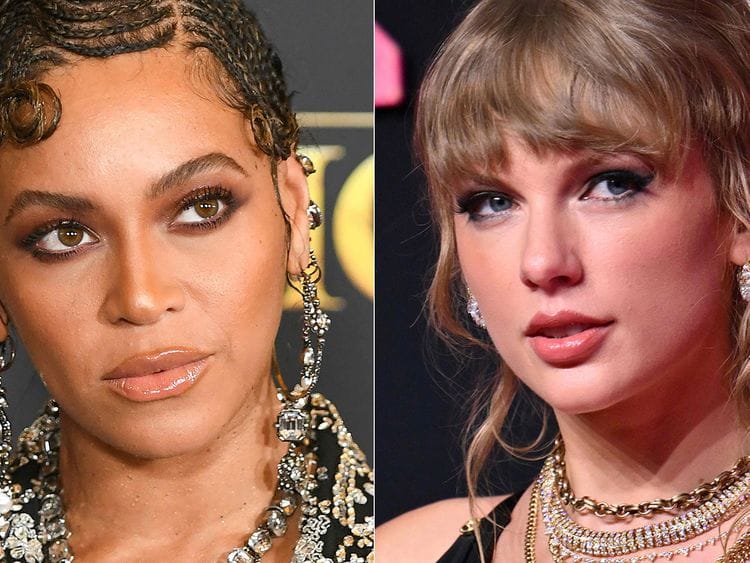 US singer-songwriter Beyonce arriving for the world premiere of Disney's "The Lion King" at the Dolby Theatre in Hollywood, California, on July 9, 2019, and US singer-songwriter Taylor Swift arriving for the MTV Video Music Awards at the Prudential Center in Newark, New Jersey, on September 12, 2023.
