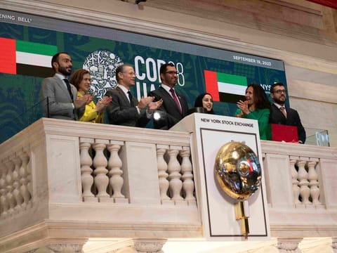 UAE's Minister of Industry and Advanced Technology, and COP28 president-designate Dr Sultan bin Ahmed Al Jaber opens trading on Wall Street for the day at the New York Stock Exchange (NYSE) on September 19, 2023