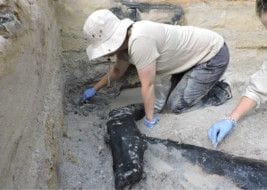 A handout picture taken on July 2019 and released on September 20, 2023 by Liverpool university shows archaeologists at work during the excavation of a wooden structure at the prehistorical site of Kalambo Falls in Zambia.  
