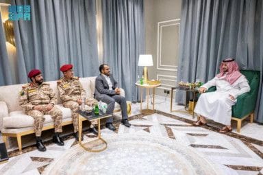 Saudi Defence Minister Prince Khalid bin Salman meets Yemen's Houthi delegation in Riyadh on September 19, 2023.  