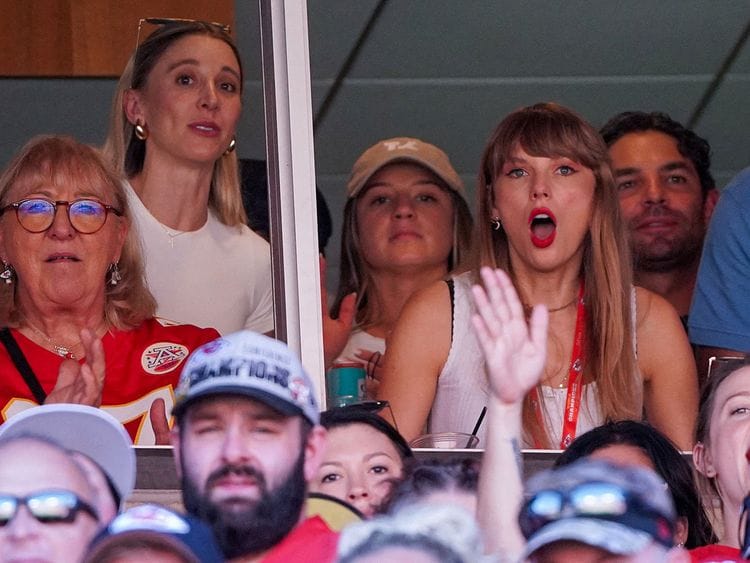 Kansas City, Missouri, USA; Taylor Swift reacts while watching the Kansas City Chiefs vs Chicago Bears game during the first half at GEHA Field at Arrowhead Stadium. Mandatory Credit: Denny Medley-USA TODAY Sports TPX IMAGES OF THE DAY