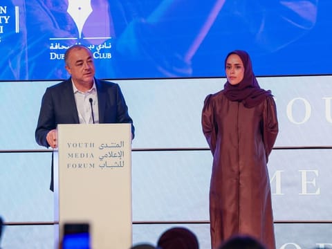 Dr Maitha Buhumaid (right), director of Dubai Press Club, and Elias Nicolas Bou Saab, vice-president of the American University in Dubai, announcing the launch of the 'DXB-Media Tech Fest', during the Youth Media Forum in Dubai on Monday. 
