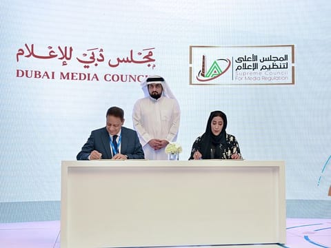 The Dubai Media Council and the Egypt’s Supreme Council for Media Regulation signs agreement for media collaboration in the presence of Sheikh Ahmed bin Mohammed bin Rashid Al Maktoum. The MoU was signed by Karam Gaber and Mona Al Marri at the Arab Media Forum in Dubai on Tuesday