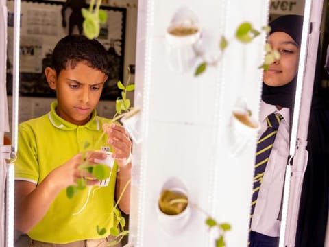Pupils at the school practice sustainable farming modules featuring hydroponic gardens and innovative water fountains