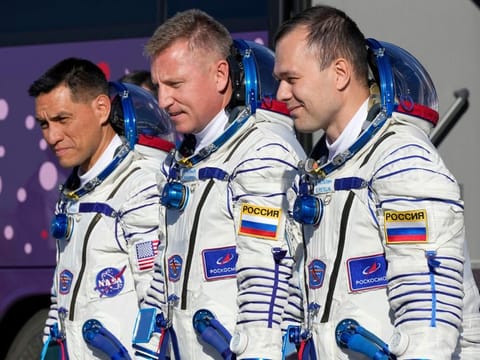 From left, NASA astronaut Frank Rubio, Roscosmos cosmonauts Sergey Prokopyev and Dmitri Petelin, crew members of the mission to the International Space Station (ISS), walk to the rocket prior the launch of Soyuz-2.1 rocket, at the Russian leased Baikonur cosmodrome, Kazakhstan, Wednesday, Sept. 21, 2022.