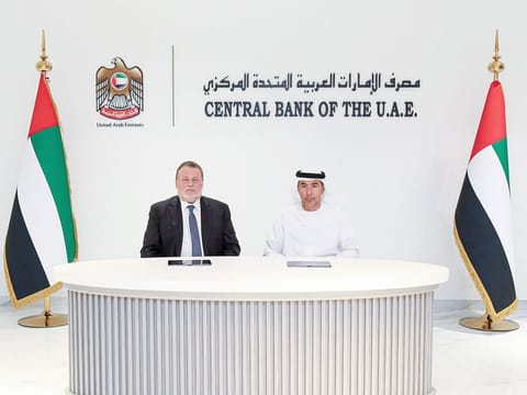Khaled Mohamed Balama, Governor of the UAE Central Bank, and Hassan Abdalla, Governor of the Central Bank of Egypt.
