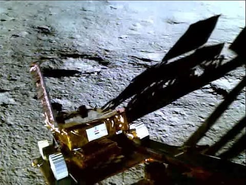 This handout screen grab taken and released by ISRO on August 25, 2023, shows the Chandrayaan-3 rover as it manoeuvred from the lunar lander to the surface of the Moon. 