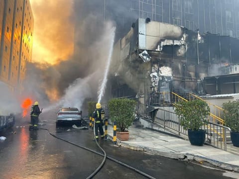 A video circulating on social media showed a large fire allegedly at a hotel in Al Oalya, an upmarket district in Riyadh famous for its skyscrapers.